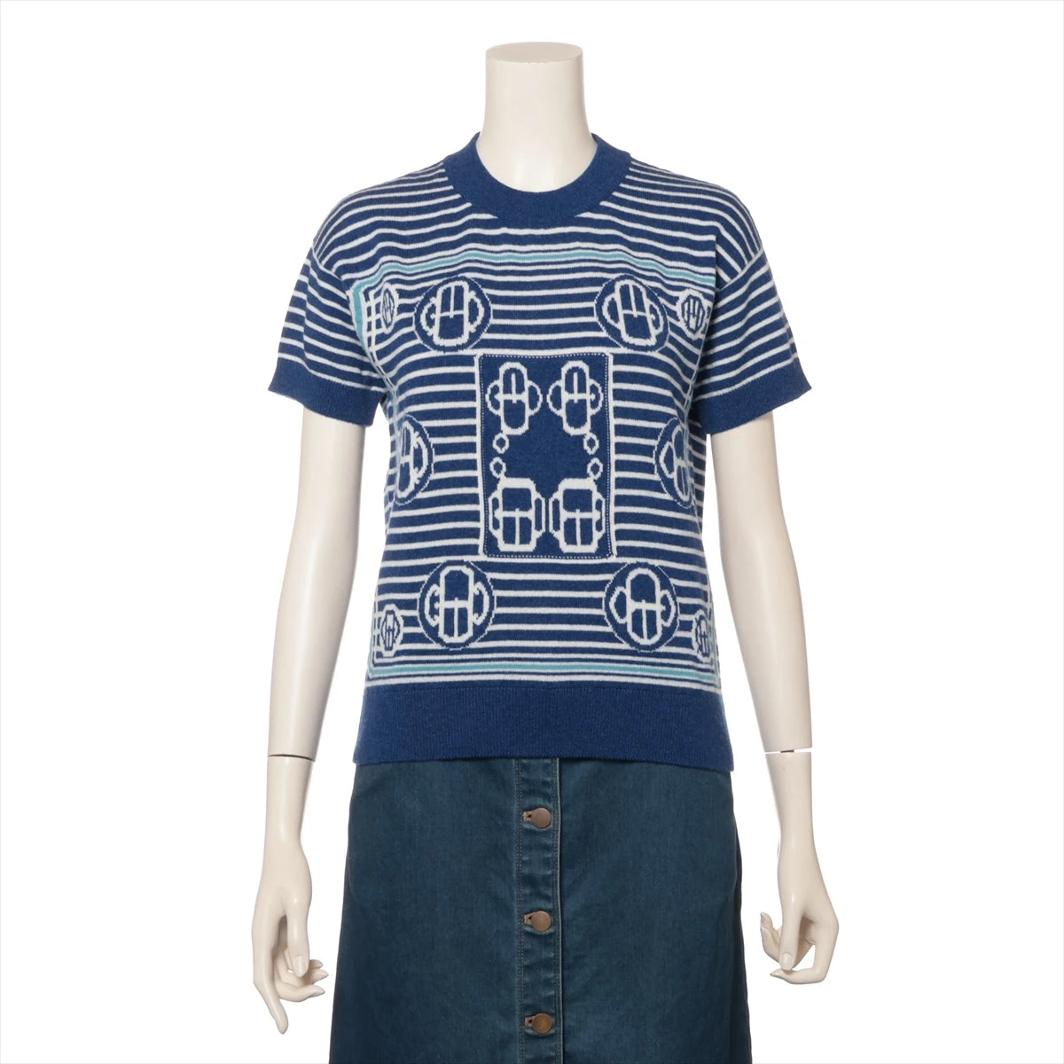 エルメス 19SS カシミヤ 半袖ニット 38 レディース ブルー
