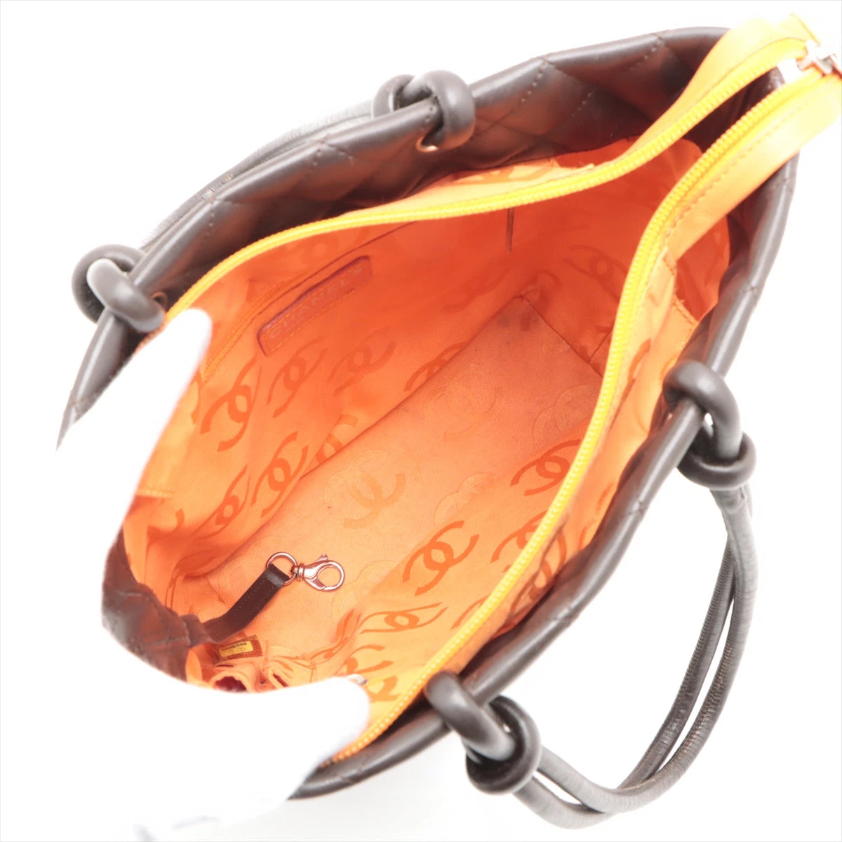 シャネル カンボンライン ラムスキン ハンドバッグ ブラウン シルバー  