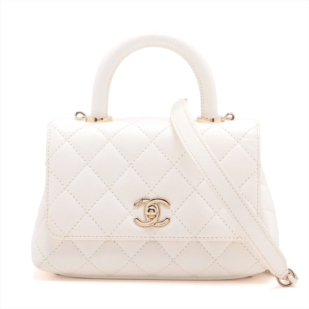 CHANEL ビジネスアフィニティ ホワイト ゴールド金具 2WAYハンドバッグ シャネル ココハンドル19 XXS キャビアスキン 2WAYハンドバッグ