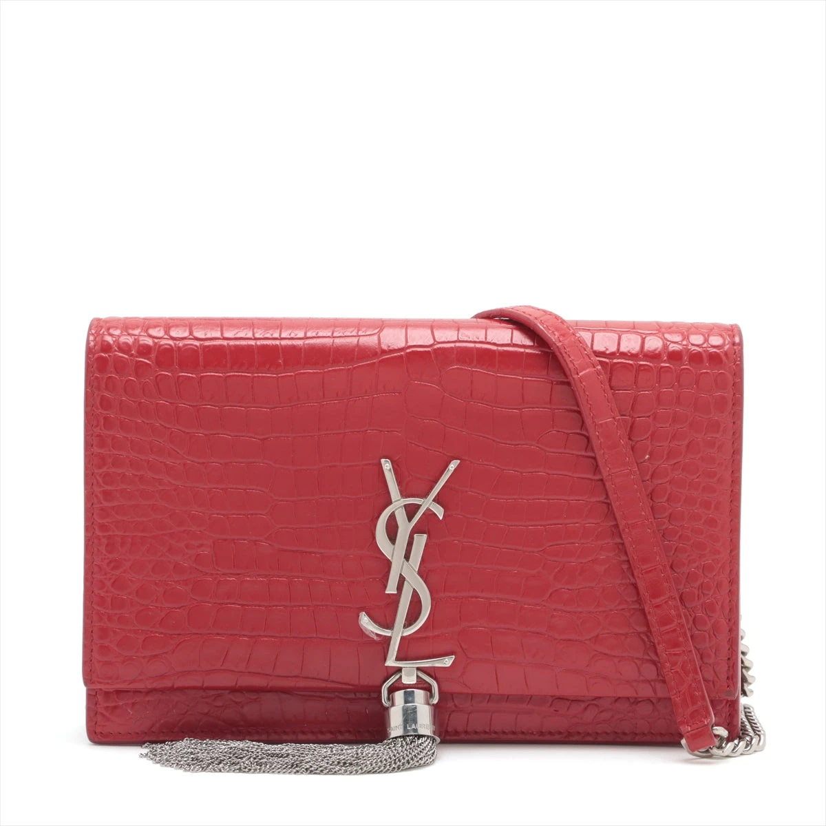 サンローランパリ ケイト クロコ型押し チェーンウォレット レッド  