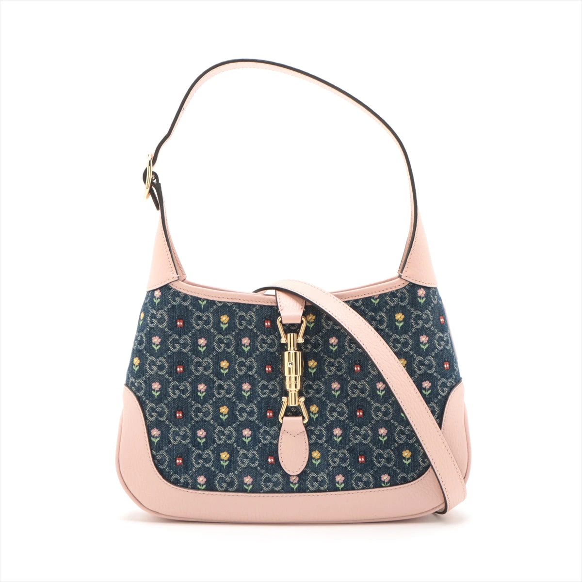 グッチ GGデニム ジャッキー デニム×レザー ショルダーバッグ ブルー 