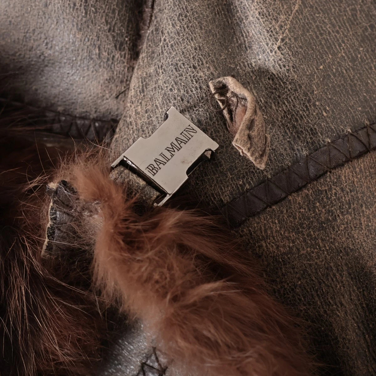 バルマン ラビット レザージャケット F レディース ブラウン 裏地毛皮