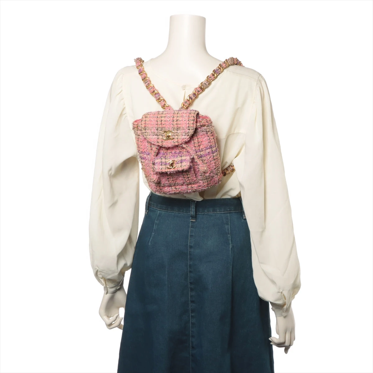 シャネル ココマーク ツイード チェーンリュック ピンク ゴールド金具