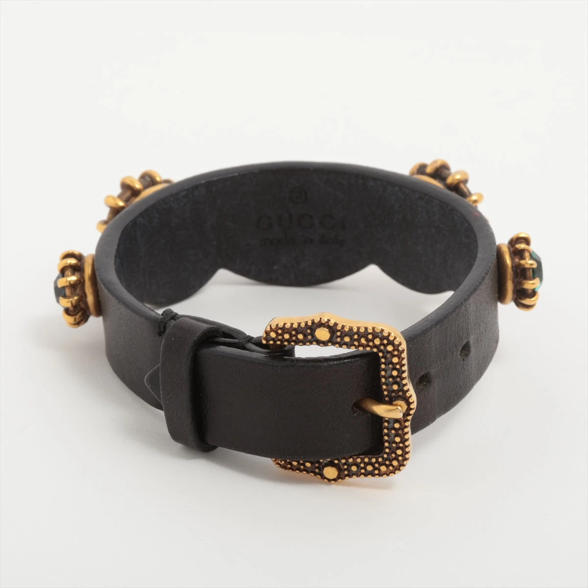グッチ レザー タイガーヘッド ストーン装飾 ブレスレット BLACK/GOLD グッチ タイガーヘッド ブレスレット GP×ラインストーン×革