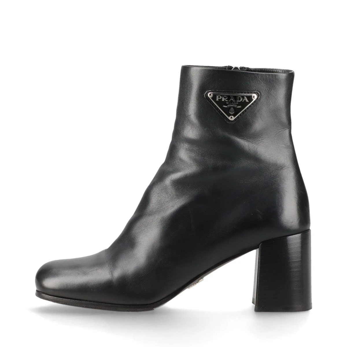 【PRADA】ロゴ トライアングル ラウンドトゥ ブーツ プラダ トライアングルロゴ レザー ショートブーツ 37 1/2