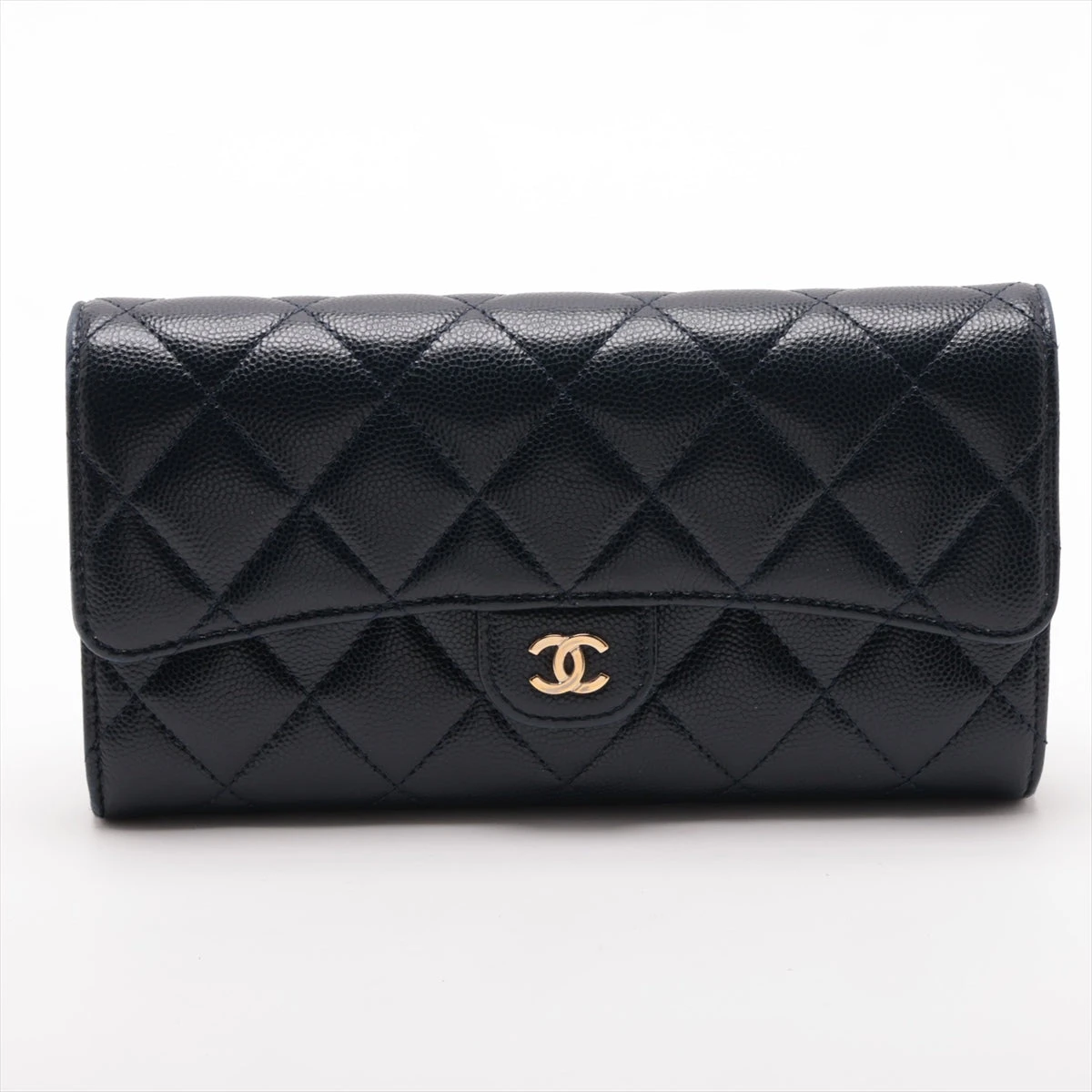 CHANEL マトラッセ キャビアスキン 財布 ネイビー ゴールド金具 29番台 シャネル マトラッセ キャビアスキン ロングウォレット ネイビー