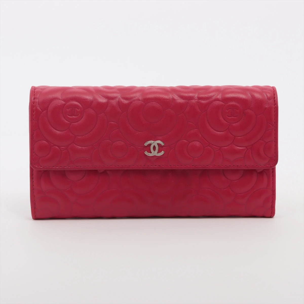 シャネル カメリア ラムスキン 財布 レッド シルバー金具 22番台  