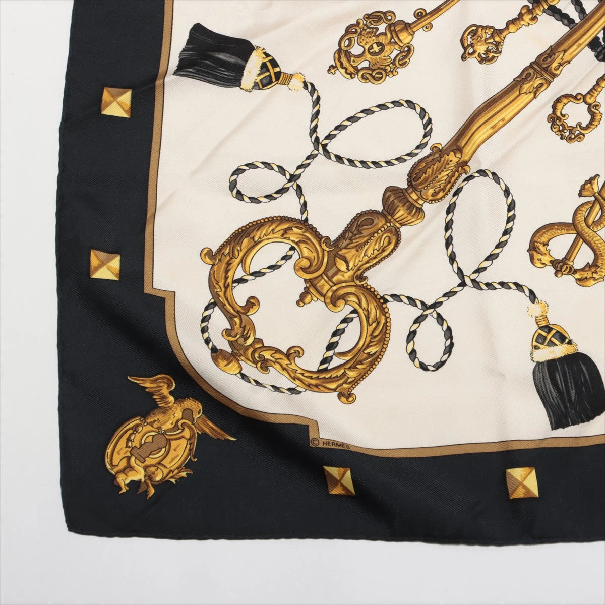 エルメス カレ90 LES CLES 鍵 スカーフ シルク ブラック