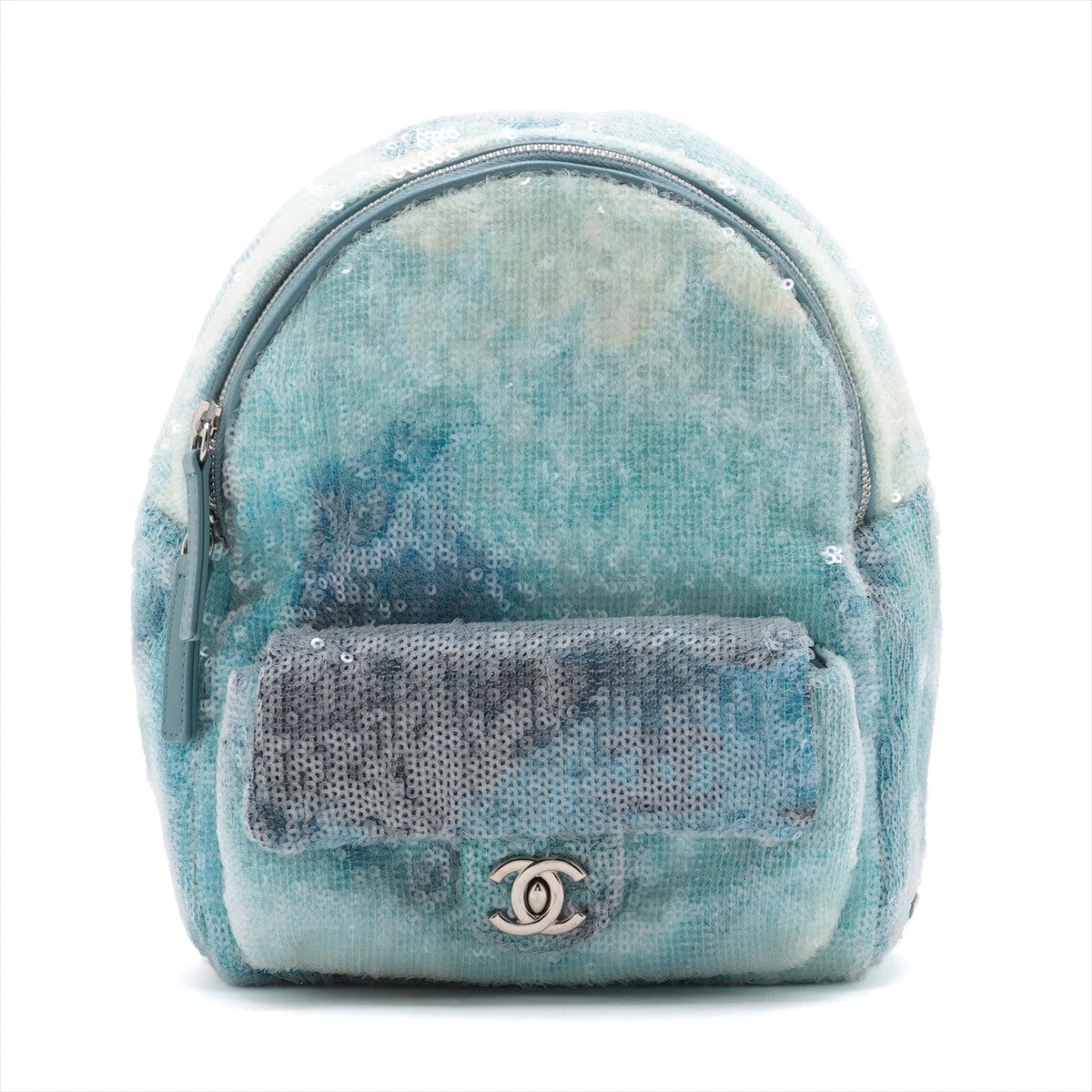 シャネル ココマーク スパンコール×レザー チェーンリュック ブルー