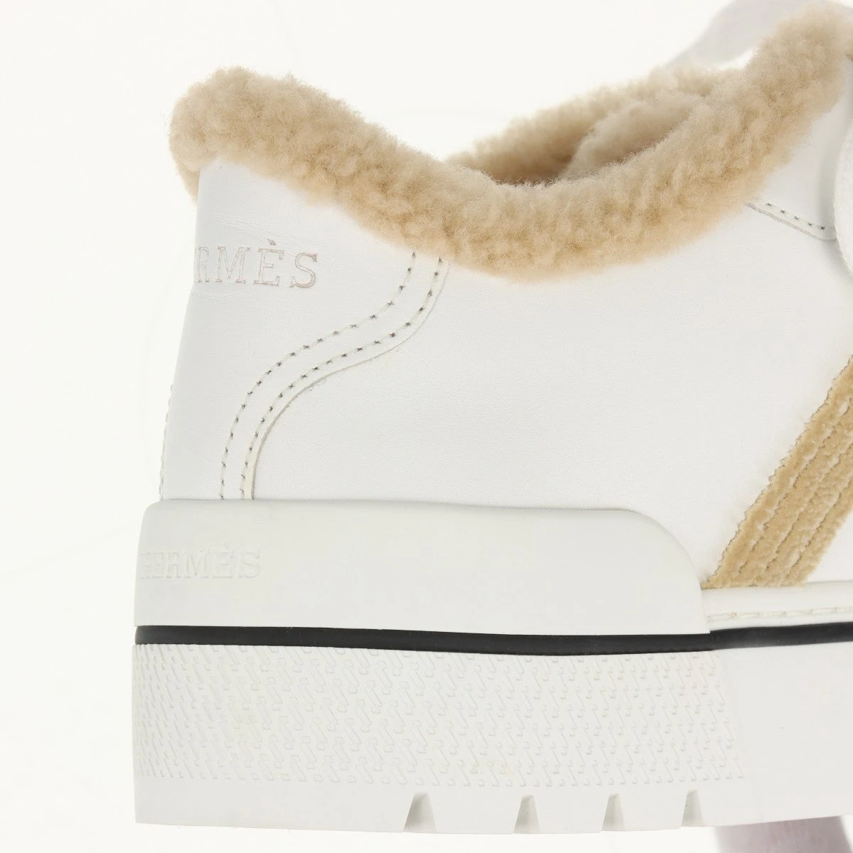 エルメス ボア×レザー スニーカー EU36 レディース ホワイト×ベージュ