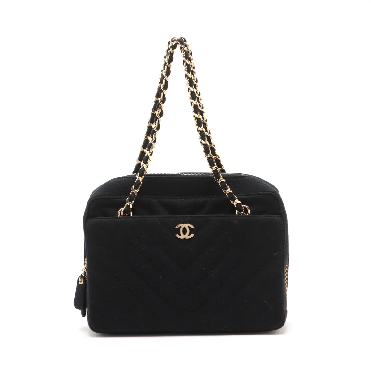 中美品　CHANEL　チェーンショルダーバッグ　マトラッセ　コットン　ブラック マトラッセ シャネル ショルダーバッグ チェーンバッグ コットン