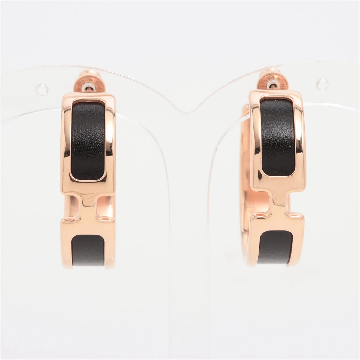 エルメス オランプ フープピアス GP×革 ブラック×ローズゴールド  