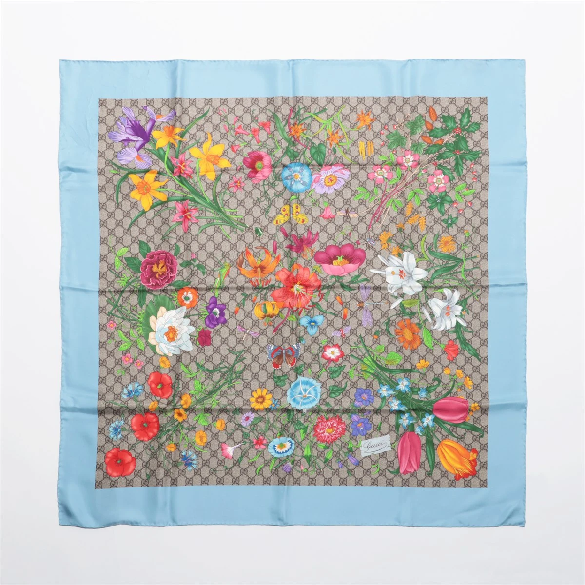 極美品 ☆LOEWE☆ スカーフ フルーツ 花 アラベスク シルク ペールブルー 極美品 ☆LOEWE☆ スカーフ フルーツ 花 アラベスク シルク