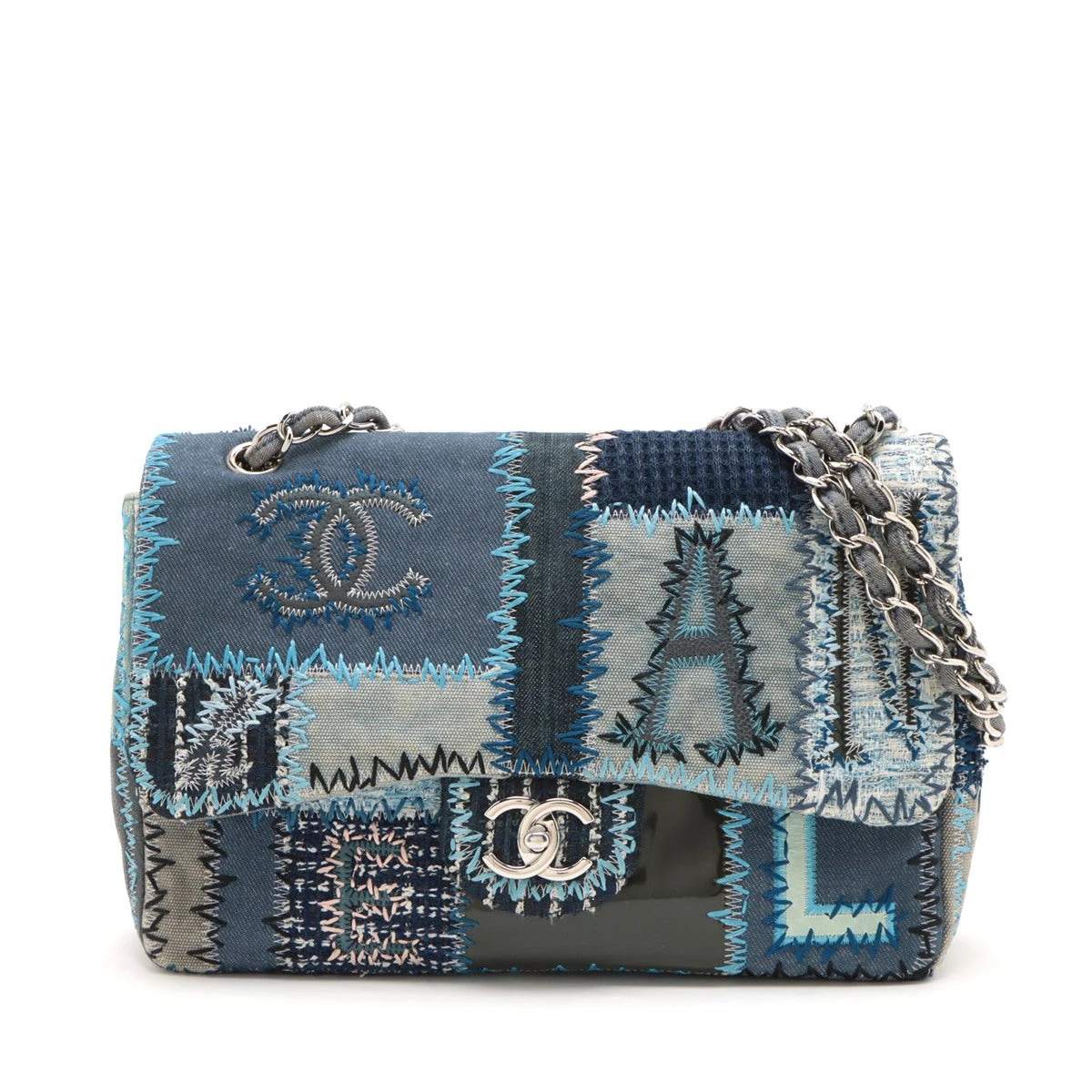 シャネル パッチワーク デニム×パテントレザー チェーンショルダー  