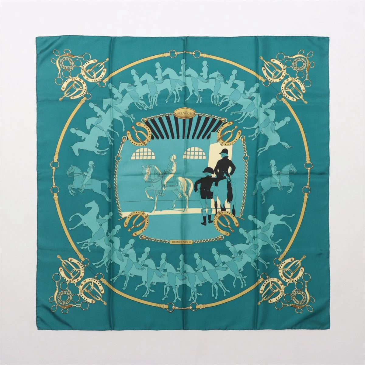 エルメス カレ90 MANEGE スカーフ シルク ブルーグリーン