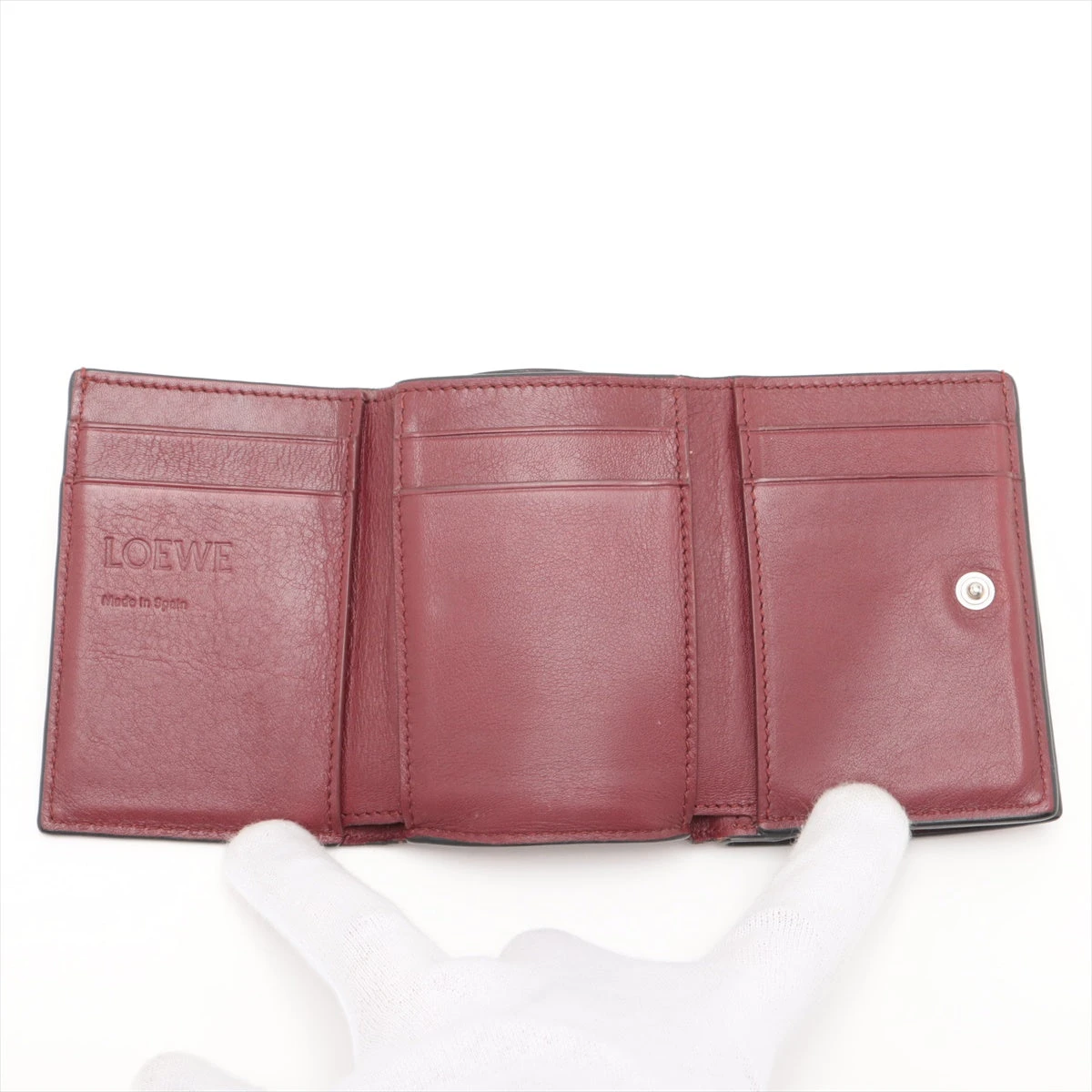 【美品】LOEWE レザー コンパクトウォレット アナグラム ボルドースペイン製 ロエベ アナグラム レザー コンパクトウォレット ボルドー