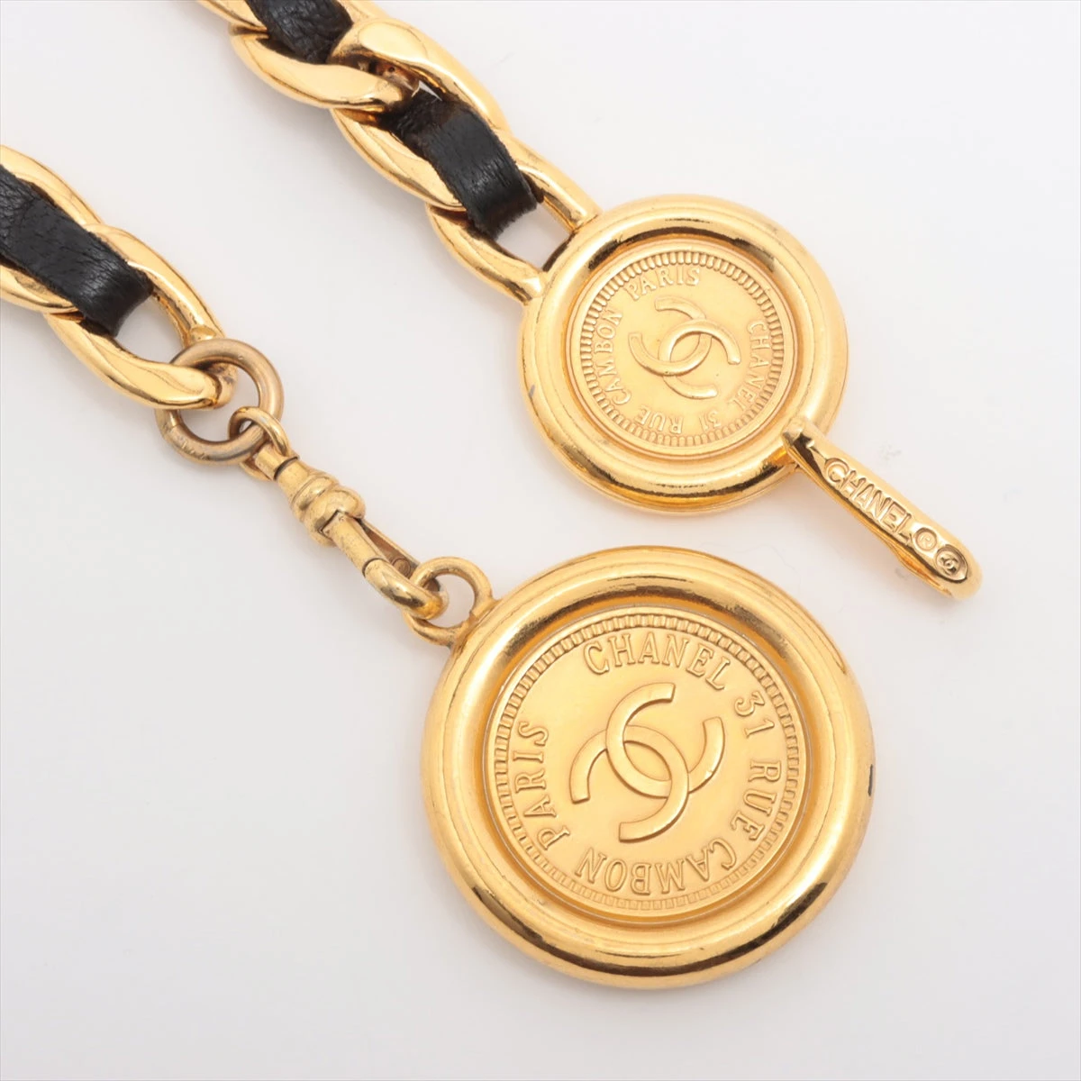 CHANEL 31 RUE CAMBON チェーンベルト GP×レザー Chanel Coco Mark 31 RUE CAMBON PARIS medal motif chain belt in