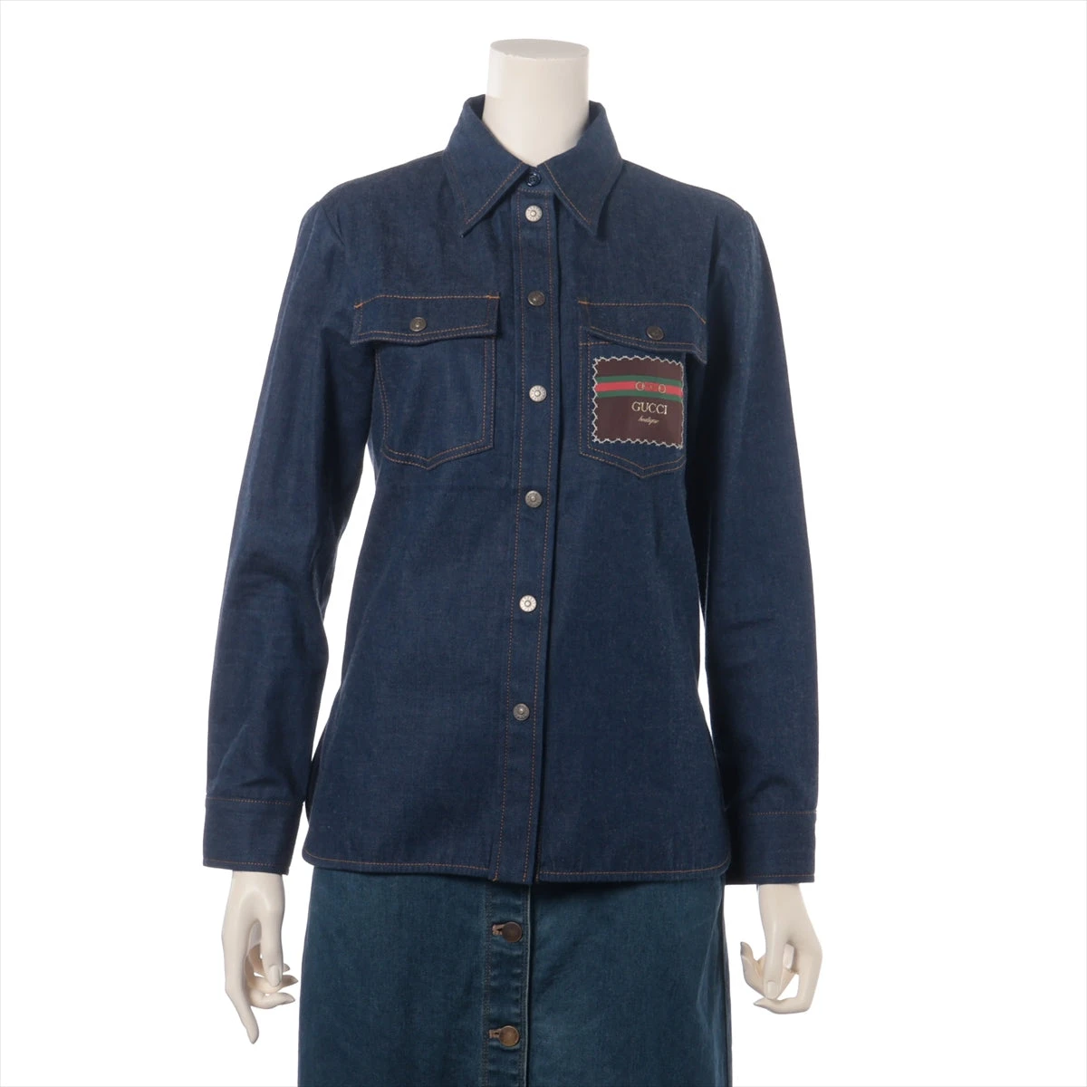 GUCCI グッチ フリル　デニムシャツ ロゴボタン レザータグ　38 GUCCI グッチ フリルデニムシャツ ロゴボタン レザータグ38