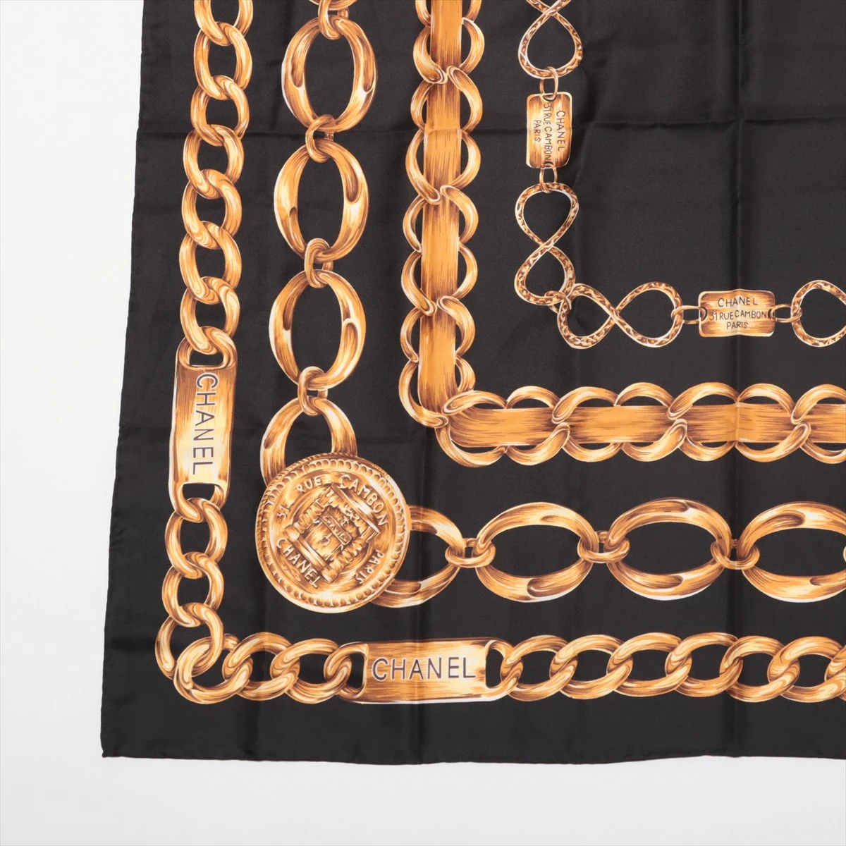 シャネル スカーフ 大判 CHANEL 31 RUE CAMBON PARIS シャネル 31 RUE CAMBON スカーフ シルク ブラック×ゴールド