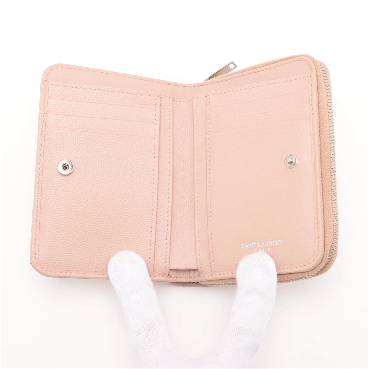 サンローランパリ Vステッチ 二つ折り財布 コンパクトウォレット ベージュ サンローランパリ Vステッチ レザー コンパクトウォレット
