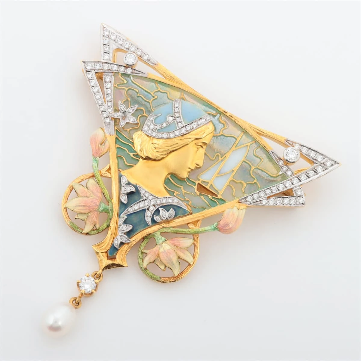 マリエラ エナメル ダイヤ ブローチ 750(YG) 28.6g エナメル一部劣化