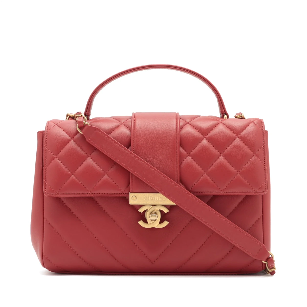 シャネル マトラッセ レザー 2WAYハンドバッグ Vステッチ レッド