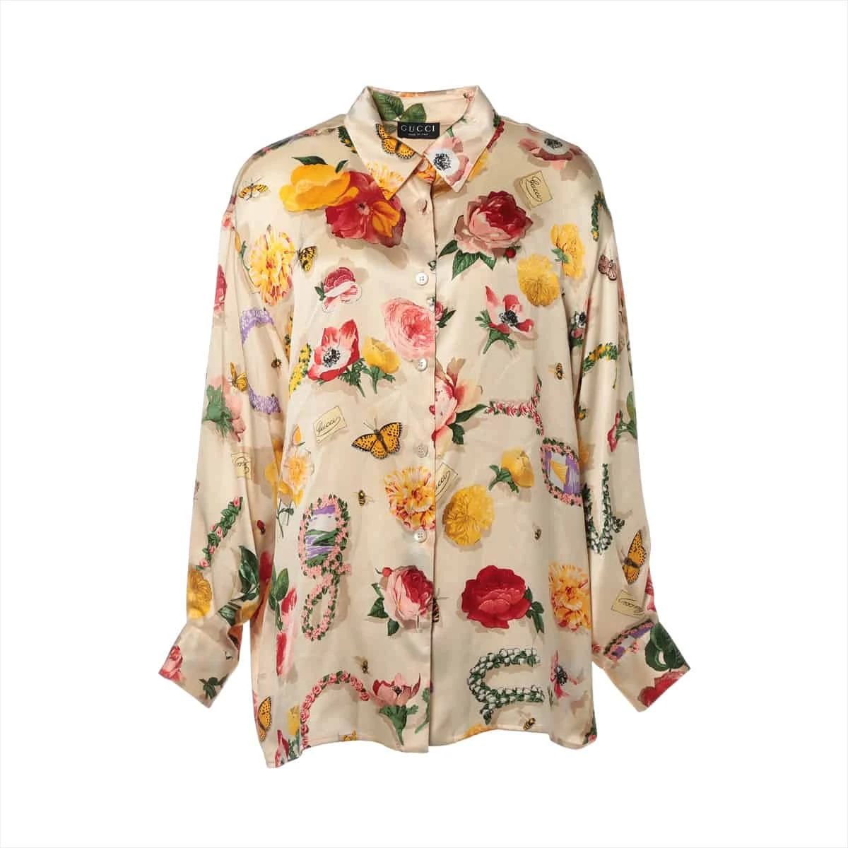 グッチ 95年 シルク シャツ 44 ベージュ トムフォード 花柄 前身