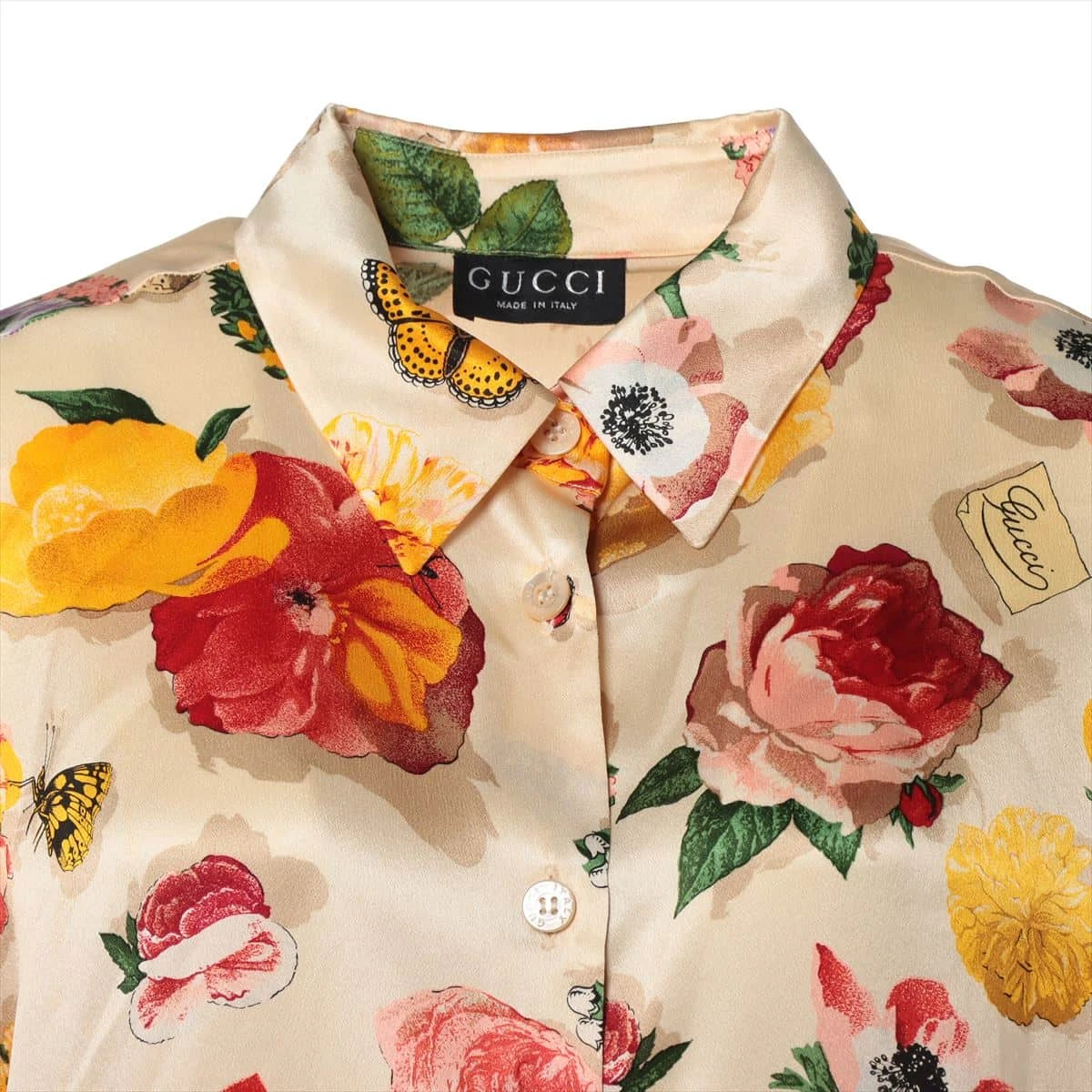 GUCCI グッチ　フラワー柄 半袖チュニック グレー系　シルク　サイズ48 楽天市場】極美品☆GUCCI グッチ 613002 シルク100% ロゴボタン