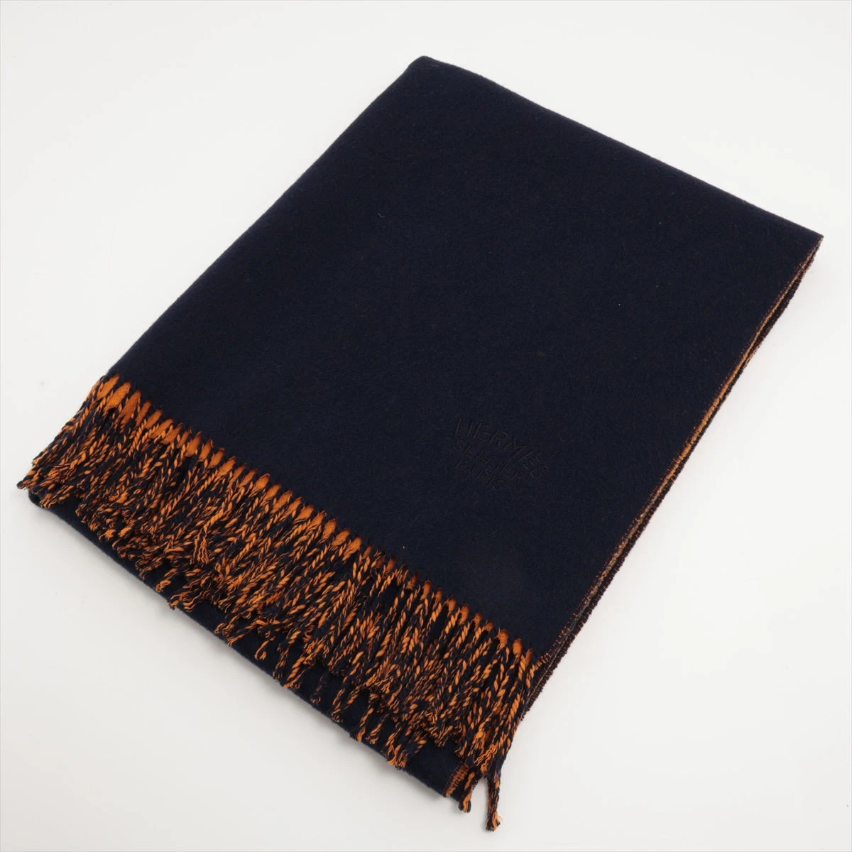 38　エルメス　マフラー　カシミヤ　ネイビーカラー 中古・古着通販】HERMES (エルメス) バイカラーカシミヤマフラー