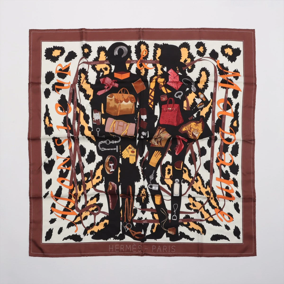 美品 HERMES エルメス  カレ90 MONSIEUR ET MADAME エルメス カレ90 Monsieur et Madame スカーフ シルク ブラウン
