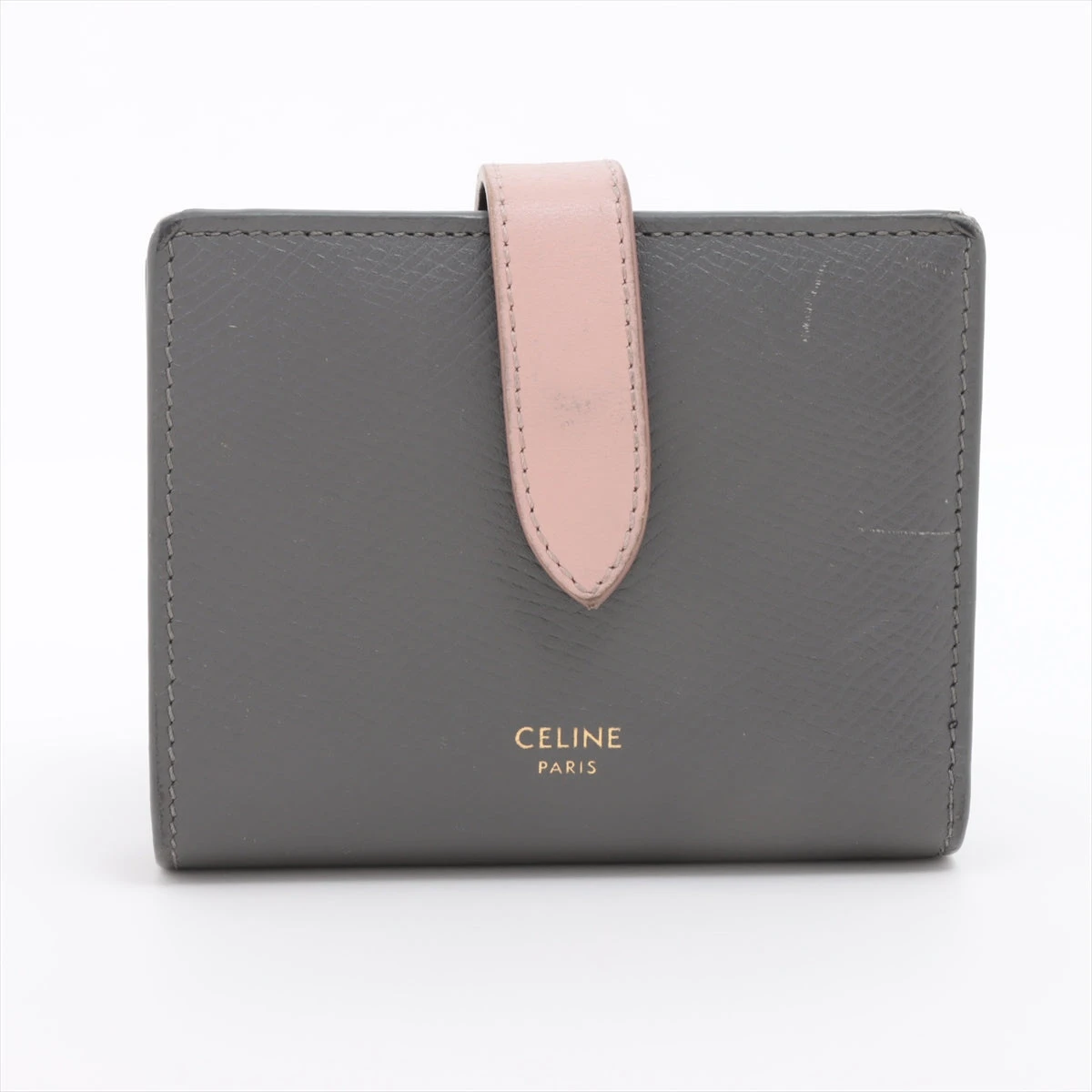 希少✨セリーヌ ストラップウォレット ロゴ刻印 二つ折り財布 グレー 灰色 セリーヌ ロゴ スモールストラップウォレット レザー コンパクト