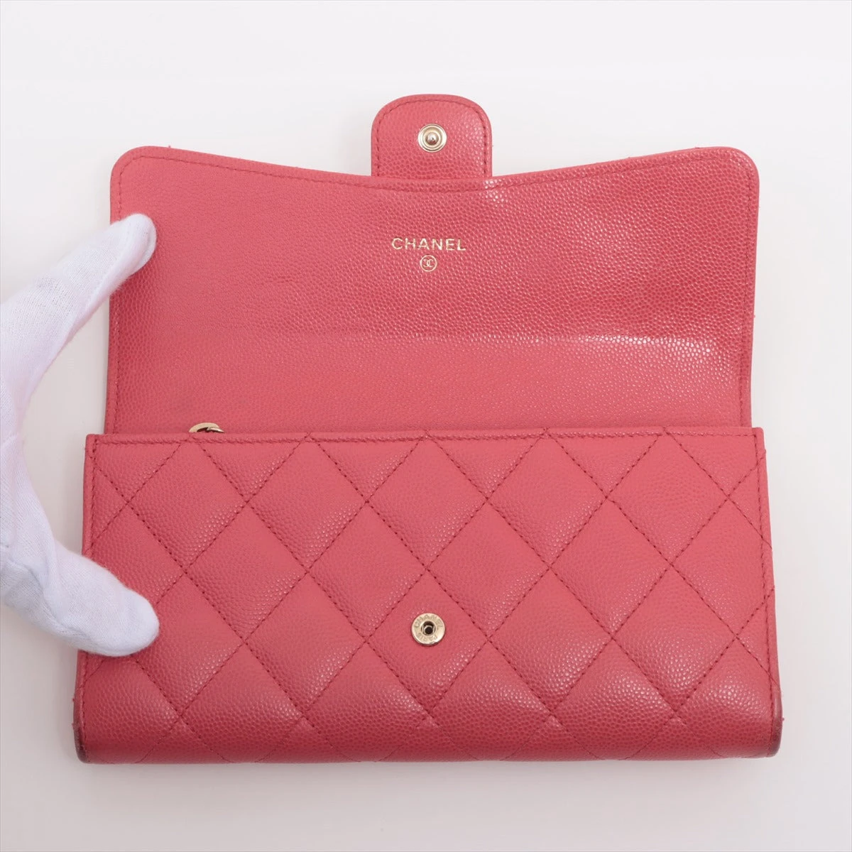 シャネル マトラッセ ロングウォレット ピンク CHANEL シャネル ホック付き長財布 キャビアスキン マトラッセ