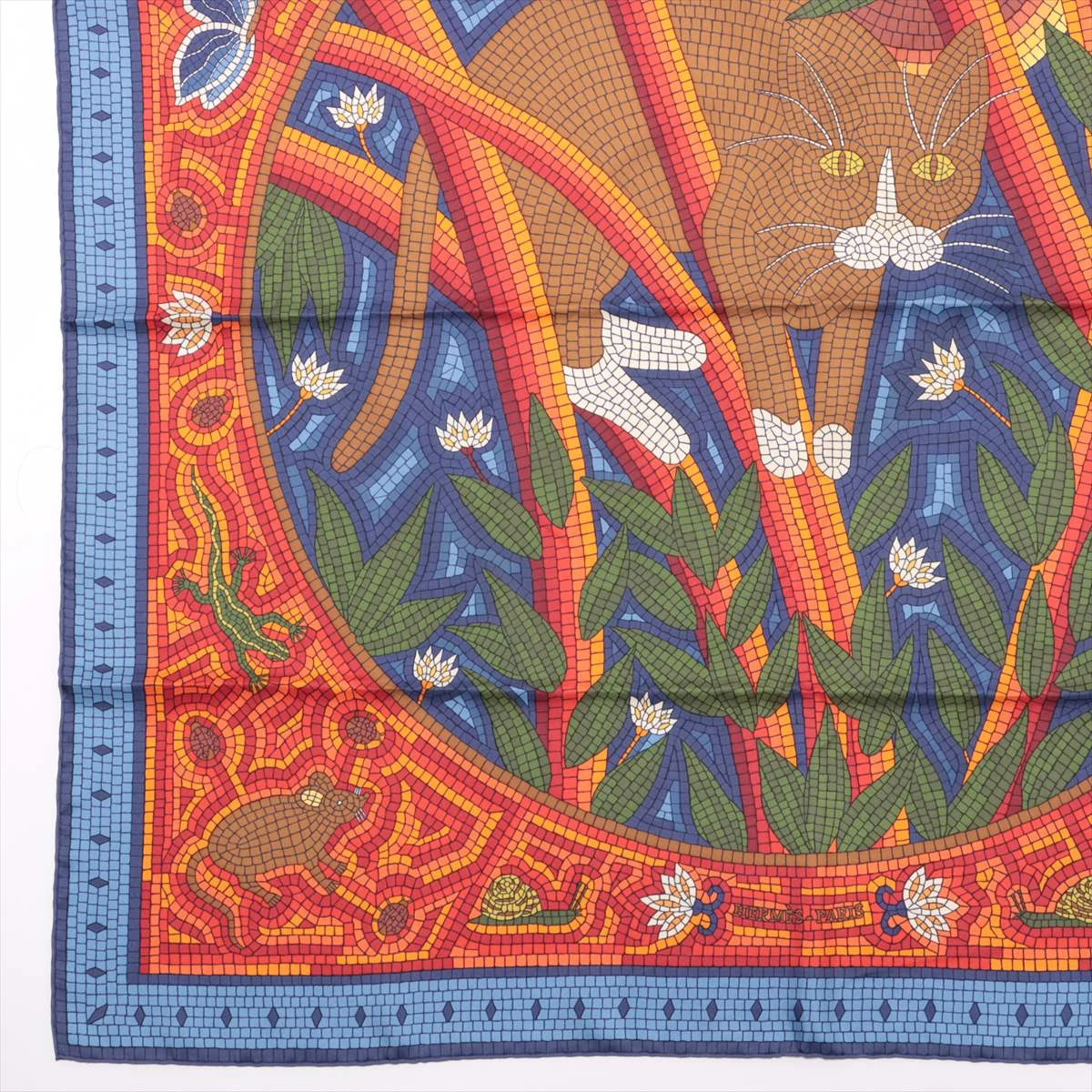 エルメス カレ90 CAVE FELEM 猫に注意 スカーフ シルク マルチカラー