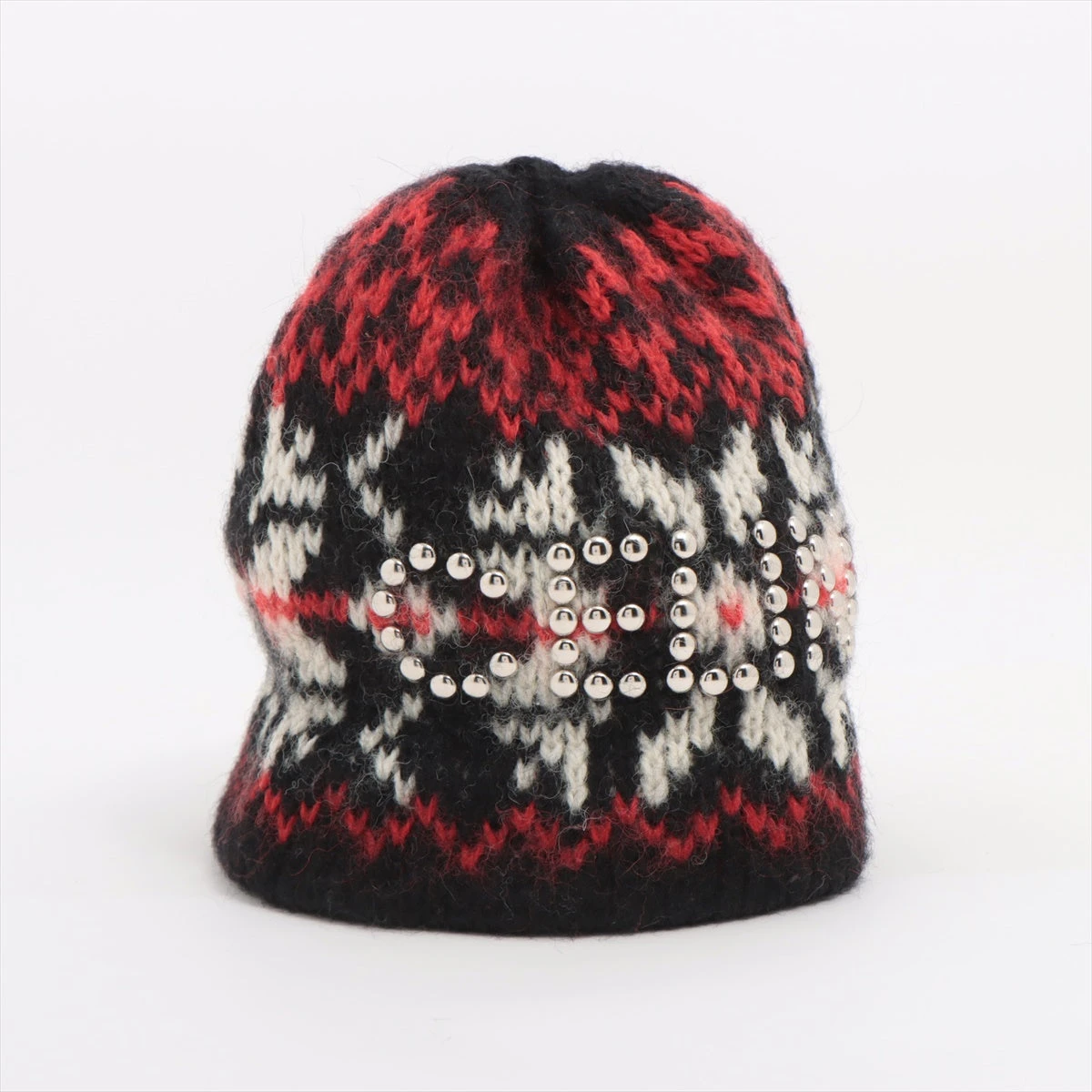 セリーヌ ロゴ ニットキャップ ウール ホワイト×ブラック×レッド