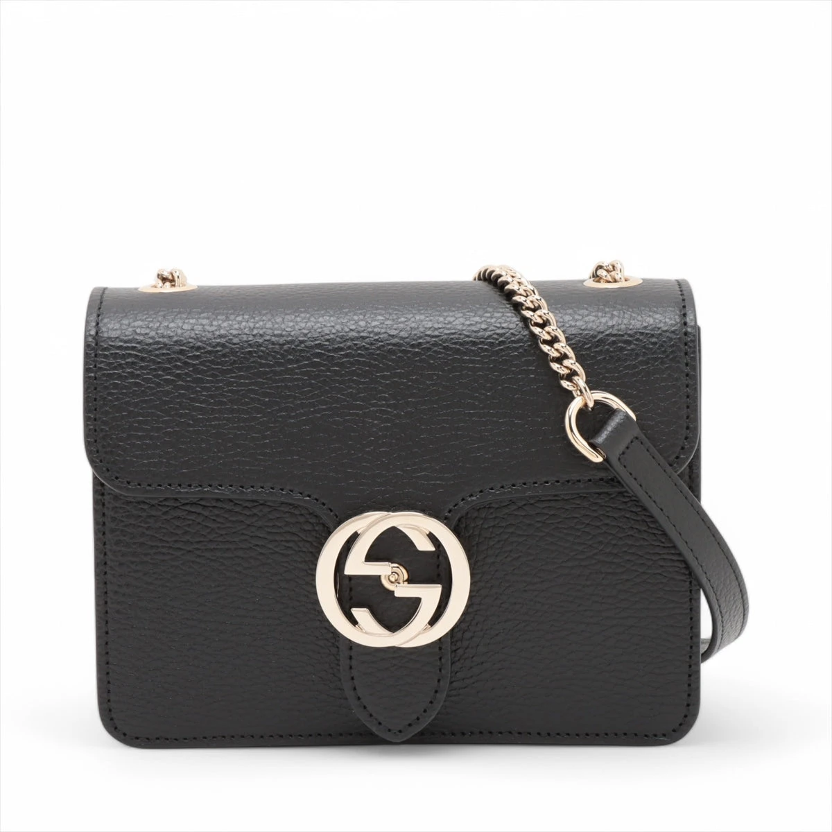 GUCCI インターロッキングG レザー チェーンショルダーバッグ ブラック